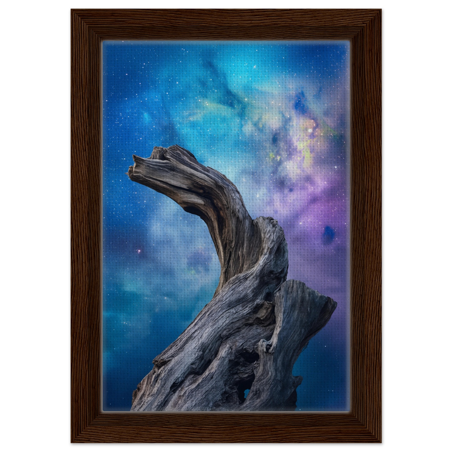 Twisted driftwood against a nebula sky in Celestial Drift Saga framed canvas print