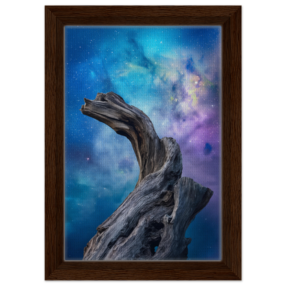 Twisted driftwood against a nebula sky in Celestial Drift Saga framed canvas print