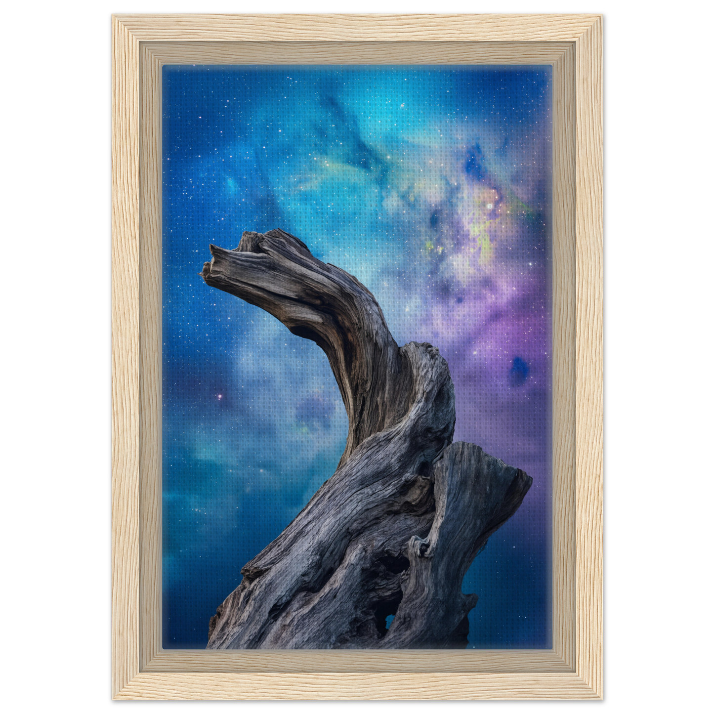 Twisted driftwood against a cosmic backdrop in Celestial Drift Saga framed canvas print