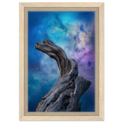 Twisted driftwood against a cosmic backdrop in Celestial Drift Saga framed canvas print