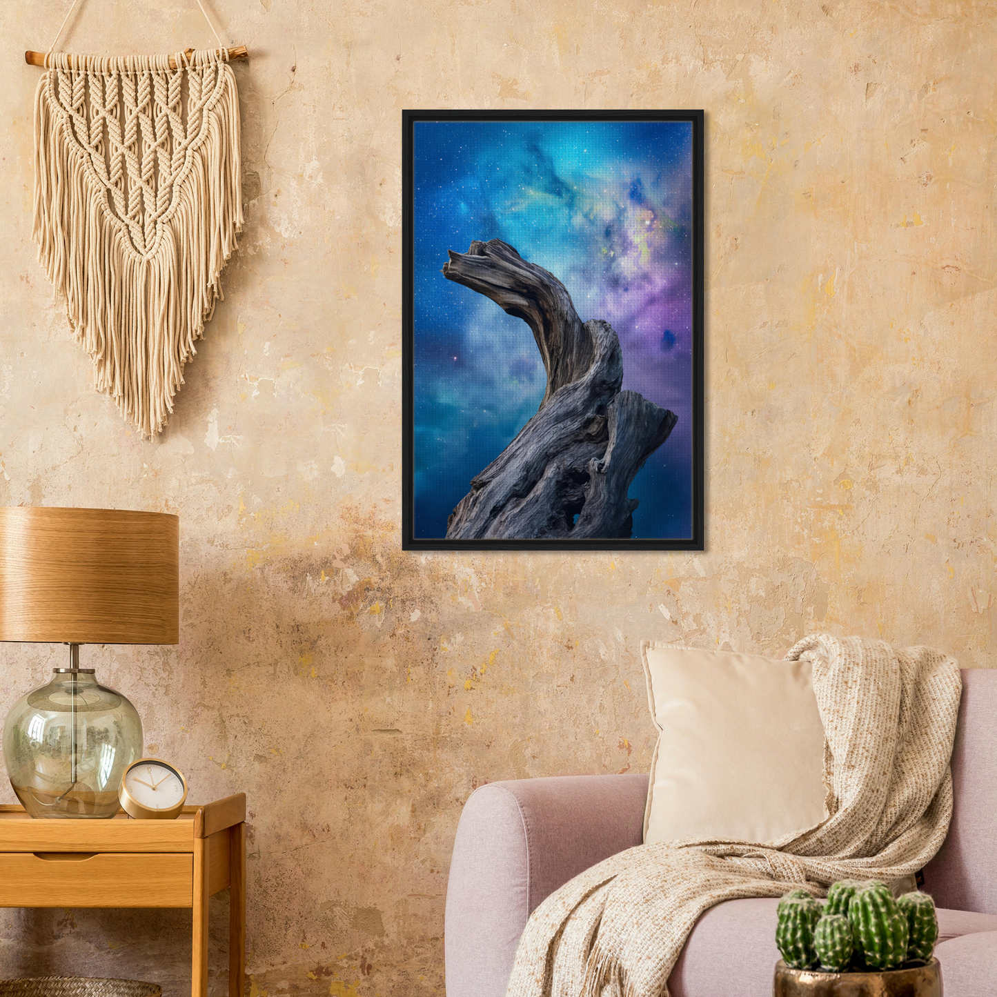 Framed painting of a driftwood form in Celestial Drift Saga for stunning room decor