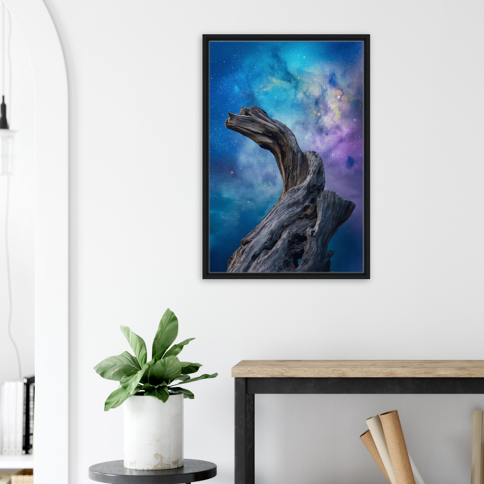 Framed artwork of Celestial Drift Saga, showcasing driftwood form against a colorful sky