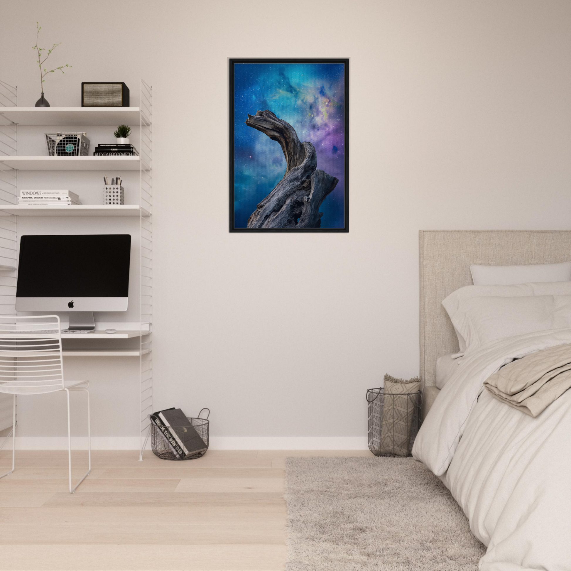 Framed canvas print of a dragon-like creature in Celestial Drift Saga cosmic art