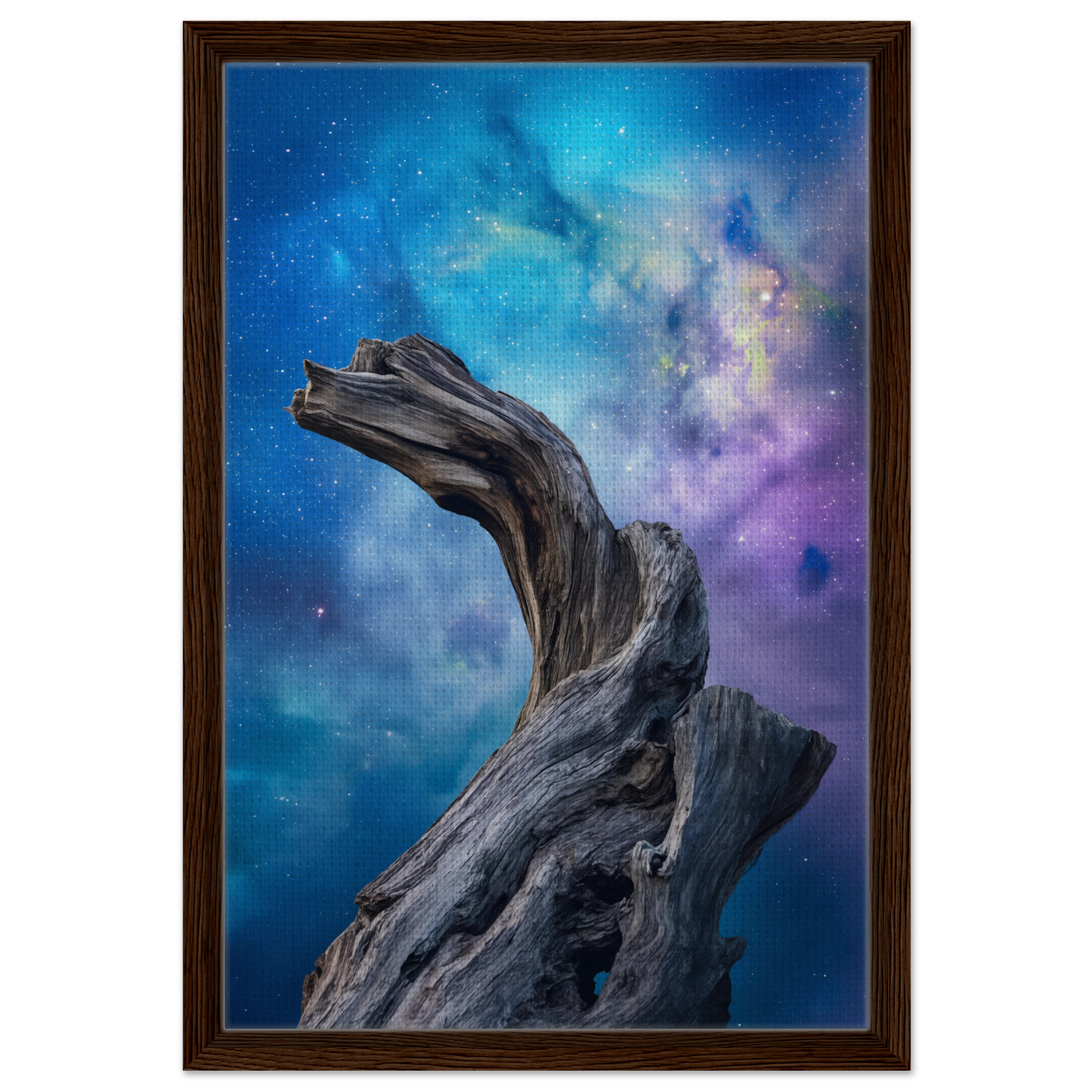 Twisted driftwood against a cosmic backdrop in Celestial Drift Saga room decor