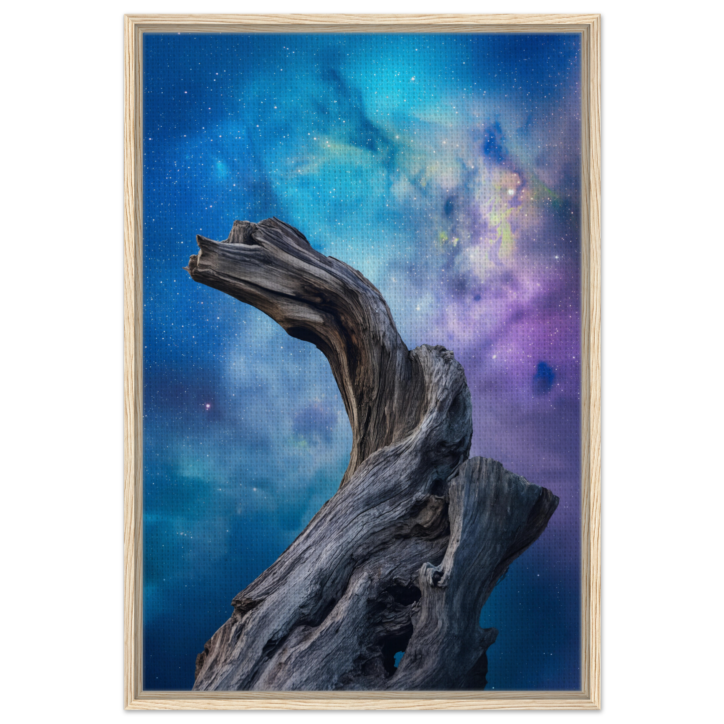 Twisted driftwood with gnarled textures featured in Celestial Drift Saga framed canvas print