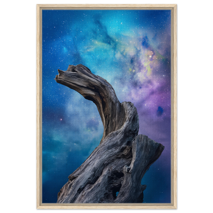 Twisted driftwood with gnarled textures featured in Celestial Drift Saga framed canvas print