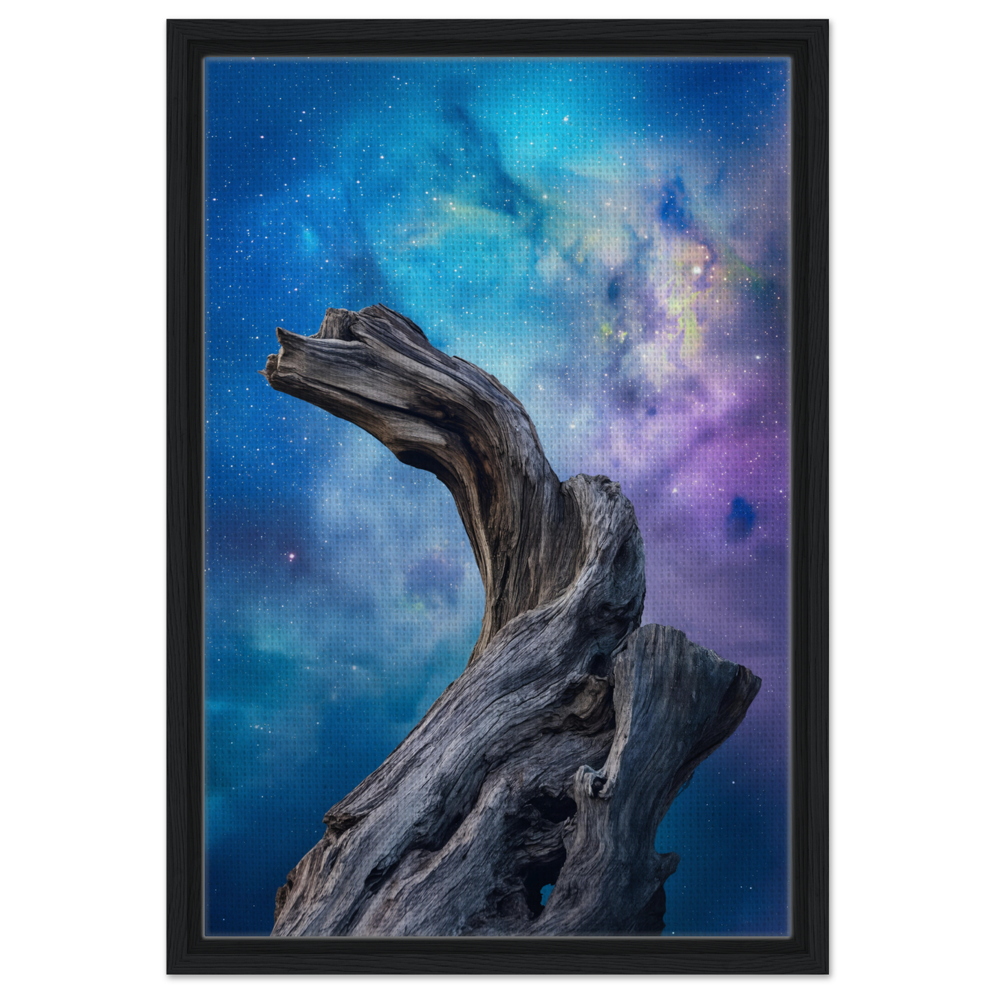 Twisted driftwood against a cosmic background in Celestial Drift Saga framed canvas print