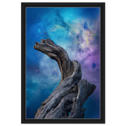 Twisted driftwood against a cosmic background in Celestial Drift Saga framed canvas print