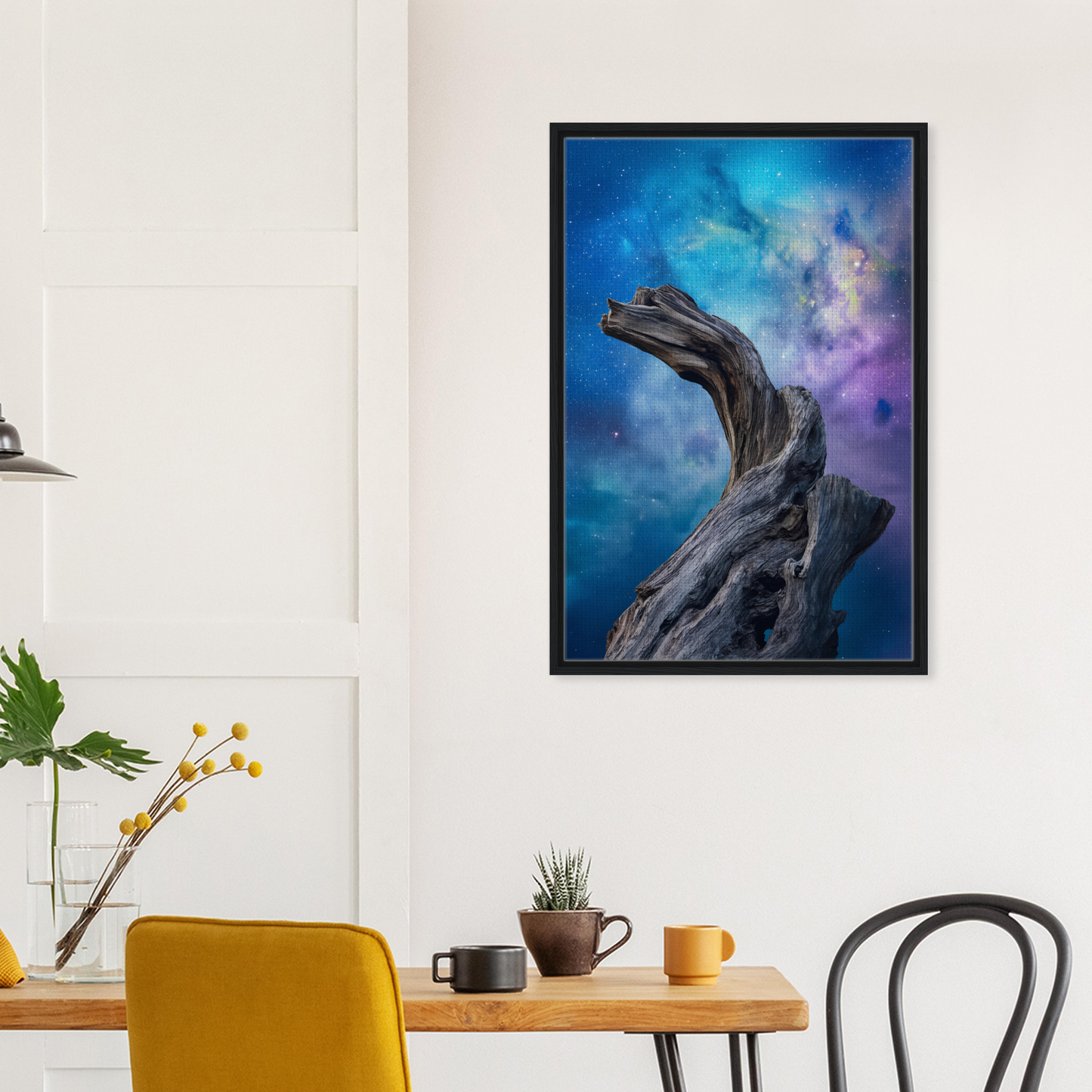 Framed canvas print of Celestial Drift Saga featuring driftwood form against a cosmic backdrop