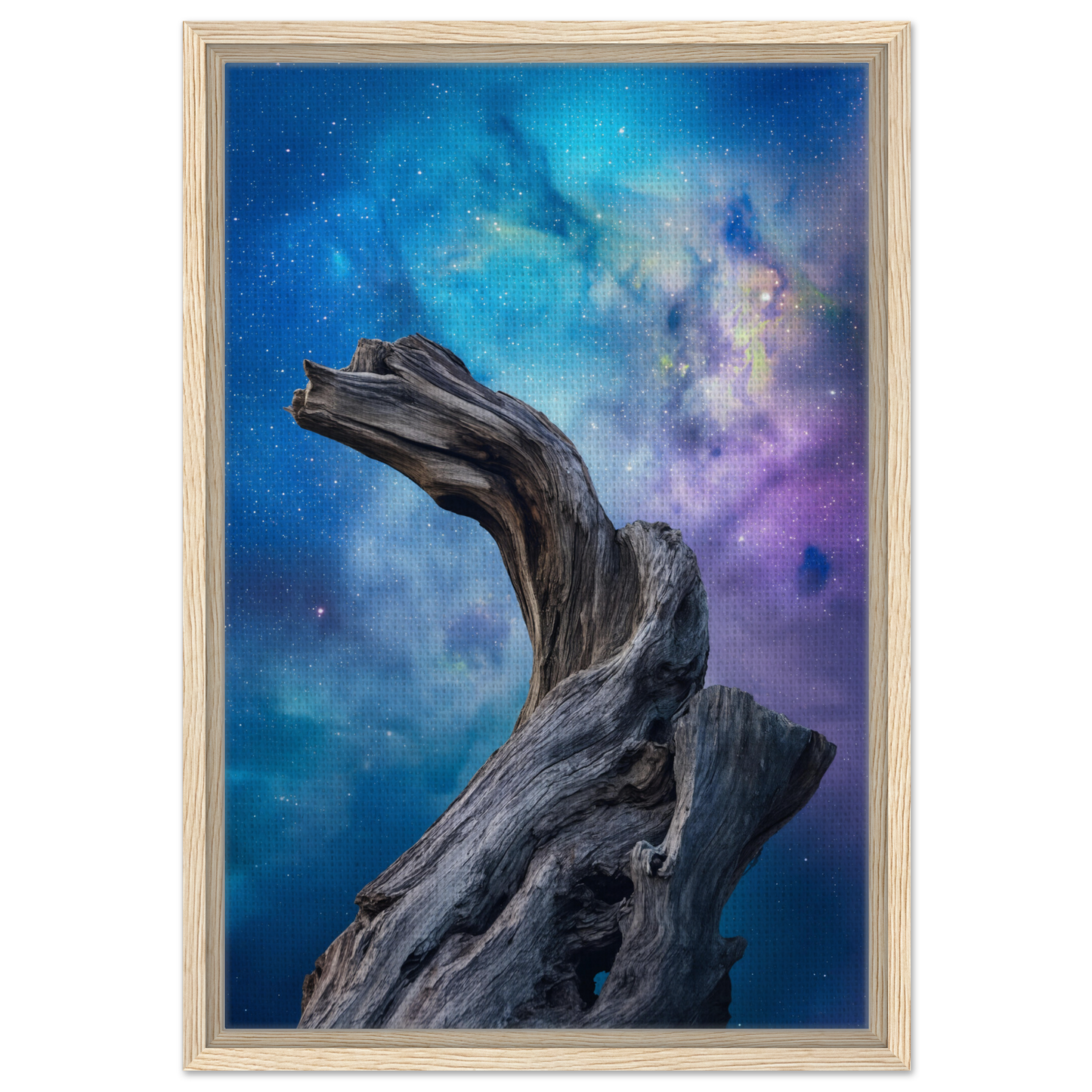 Twisted driftwood against a cosmic backdrop in Celestial Drift Saga room decor