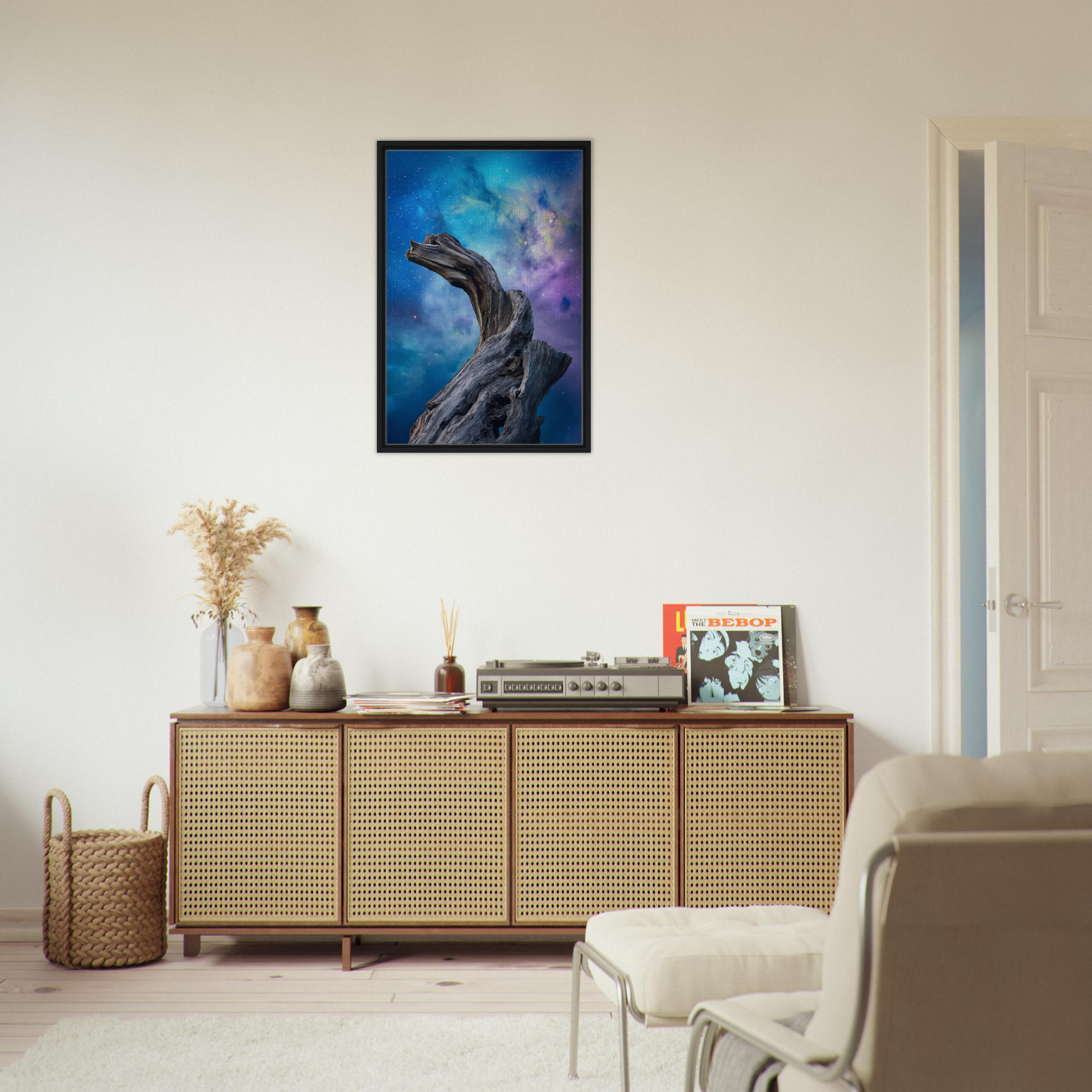 Framed canvas print of a dragon-like creature in Celestial Drift Saga cosmic art