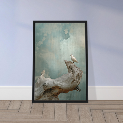 Framed canvas print of a celestial driftbird on driftwood against a misty sky