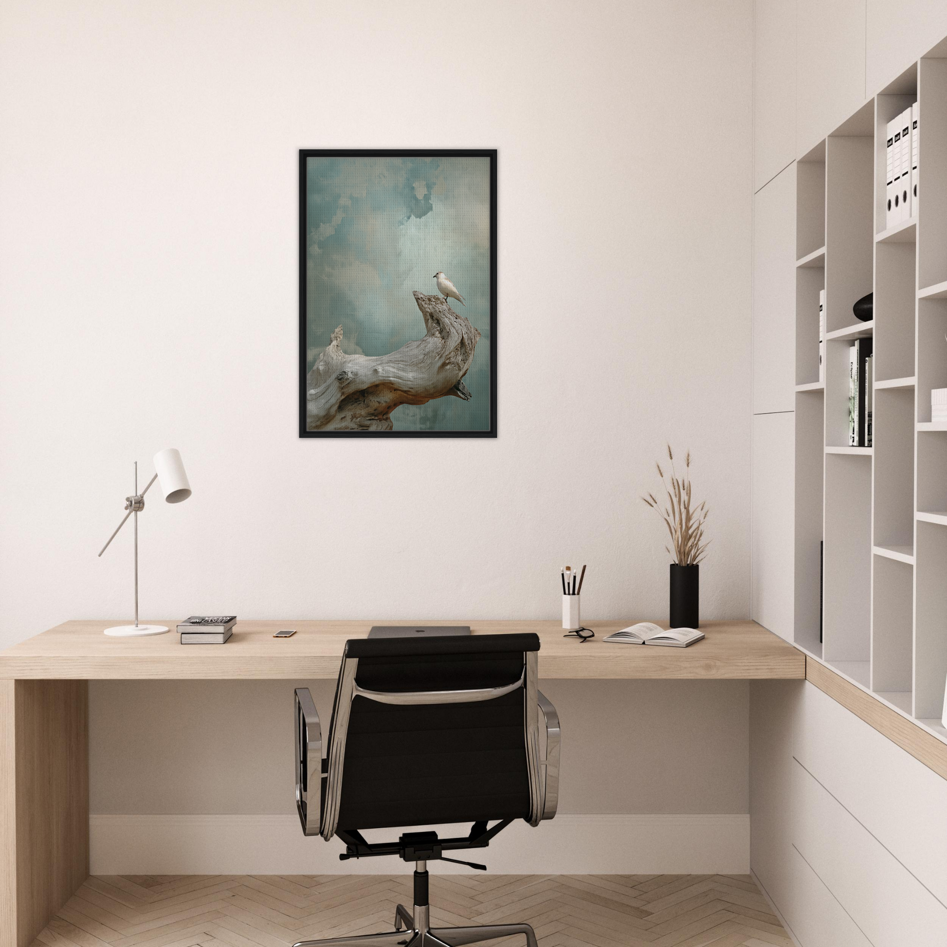 Minimalist home office with wooden desk, black chair, and Celestial Driftbird Devotion art