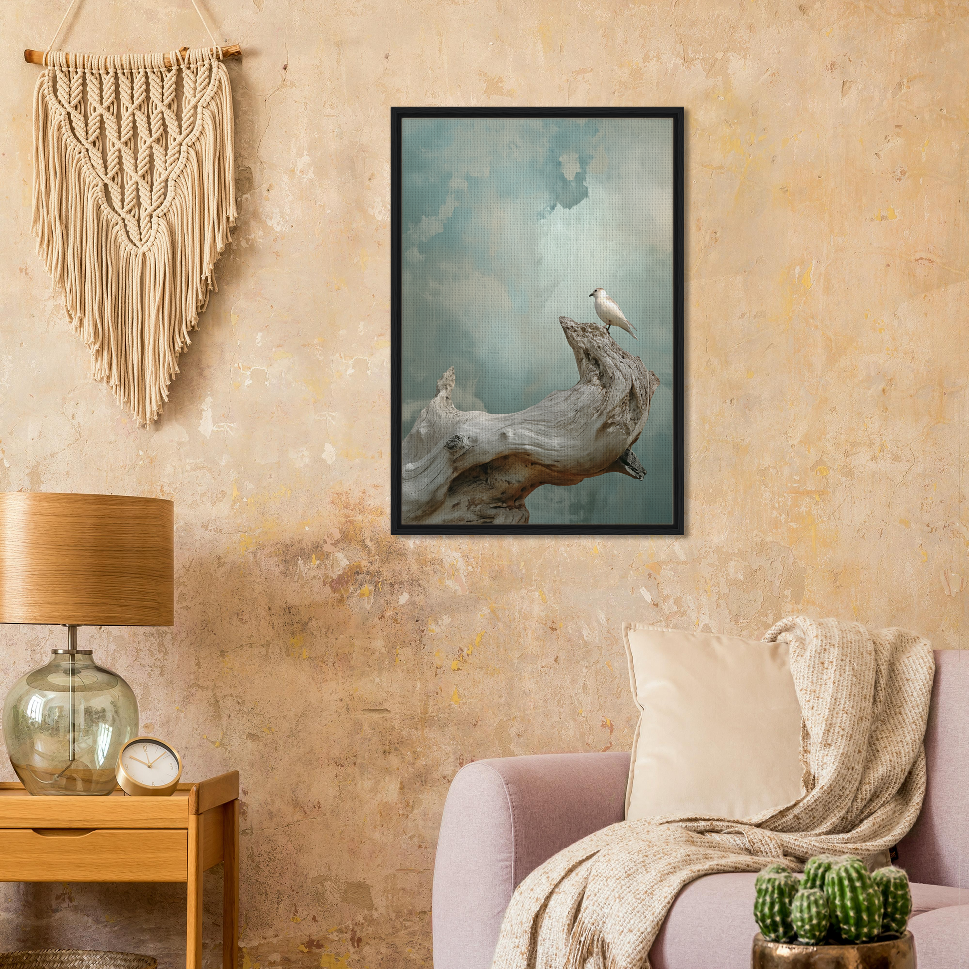 Celestial Driftbird Devotion artwork featuring a bird on driftwood against a misty sky