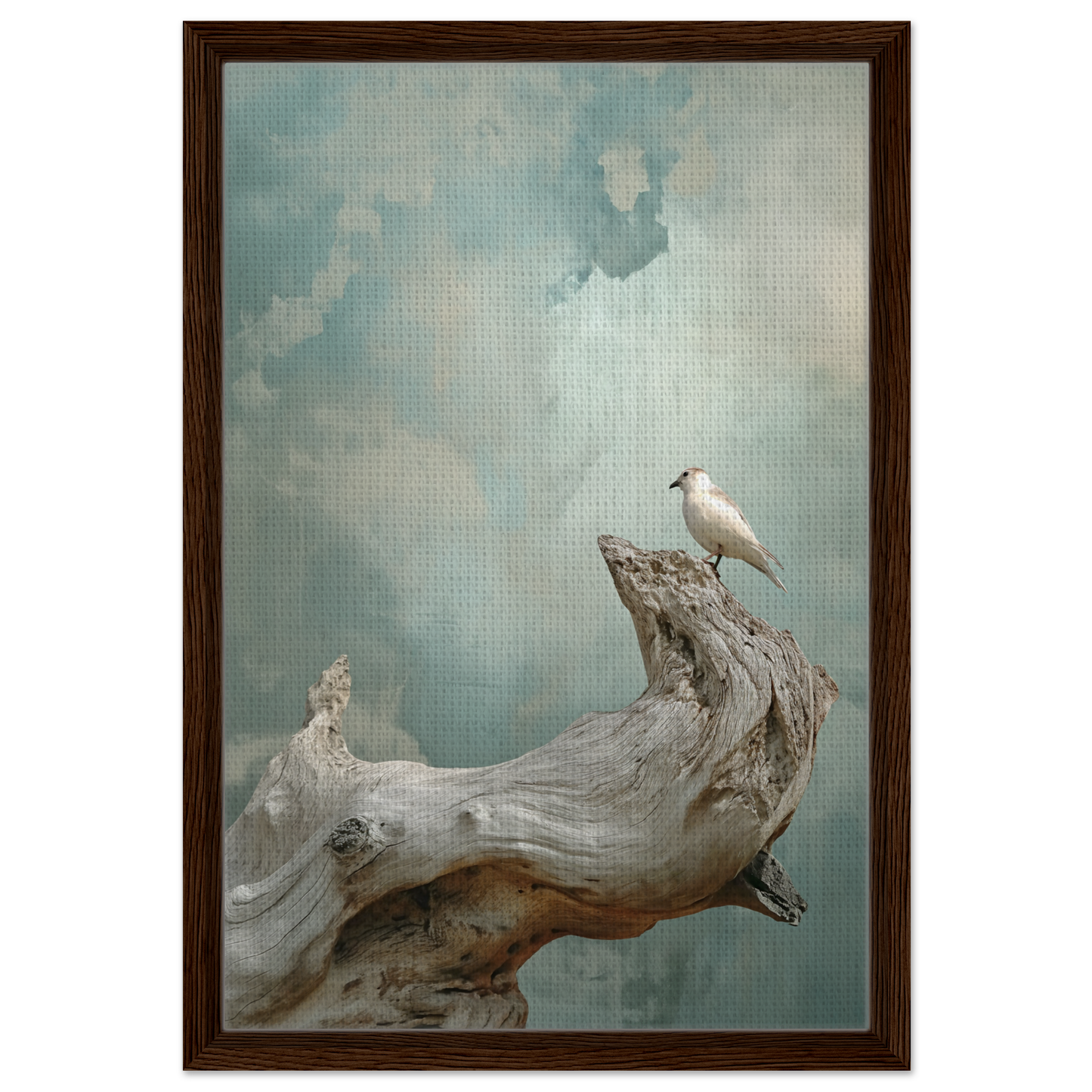 White bird on weathered driftwood in Celestial Driftbird Devotion framed canvas print