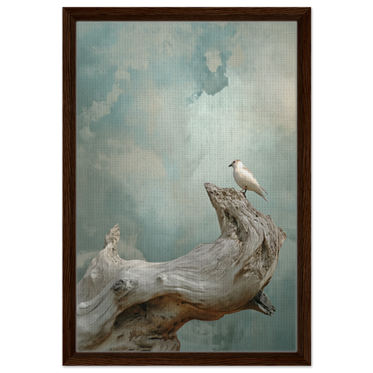 White bird on weathered driftwood in Celestial Driftbird Devotion framed canvas print