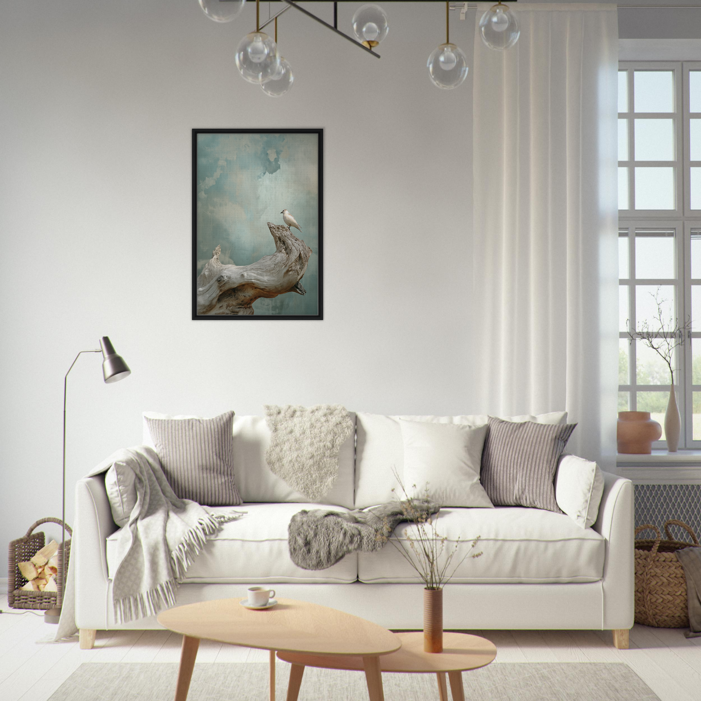 White sofa adorned with gray and cream pillows, enhancing Celestial Driftbird Devotion room decor