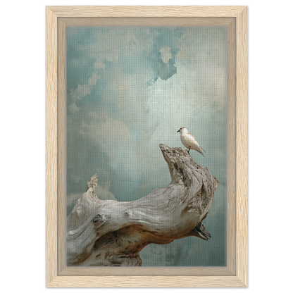 White bird on driftwood in Celestial Driftbird Devotion framed canvas print