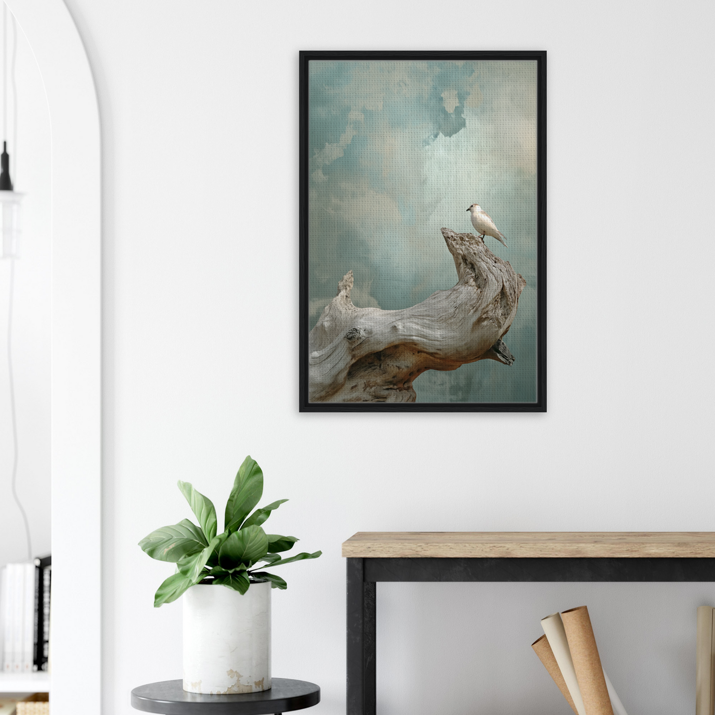 Framed canvas print of a celestial driftbird on driftwood under a misty sky