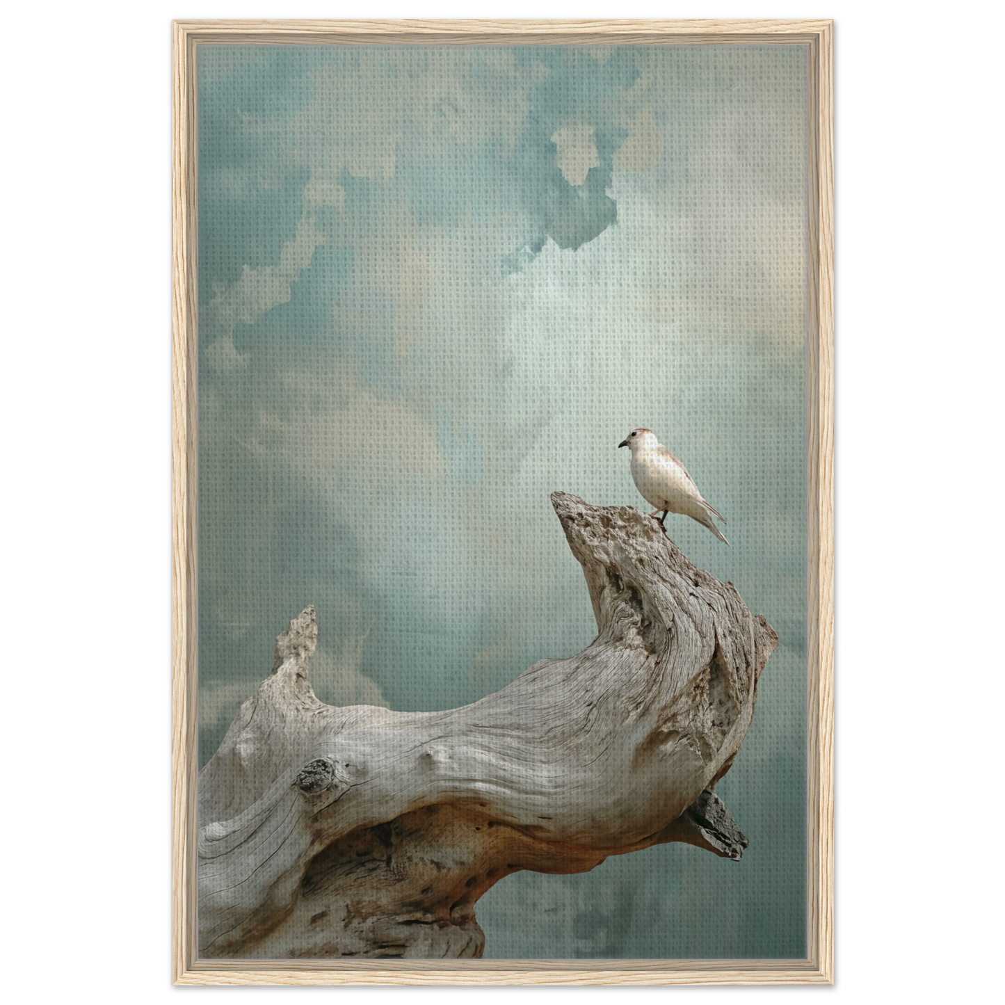 White bird on driftwood in Celestial Driftbird Devotion framed canvas print