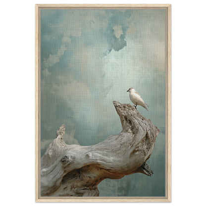 White bird on driftwood in Celestial Driftbird Devotion framed canvas print