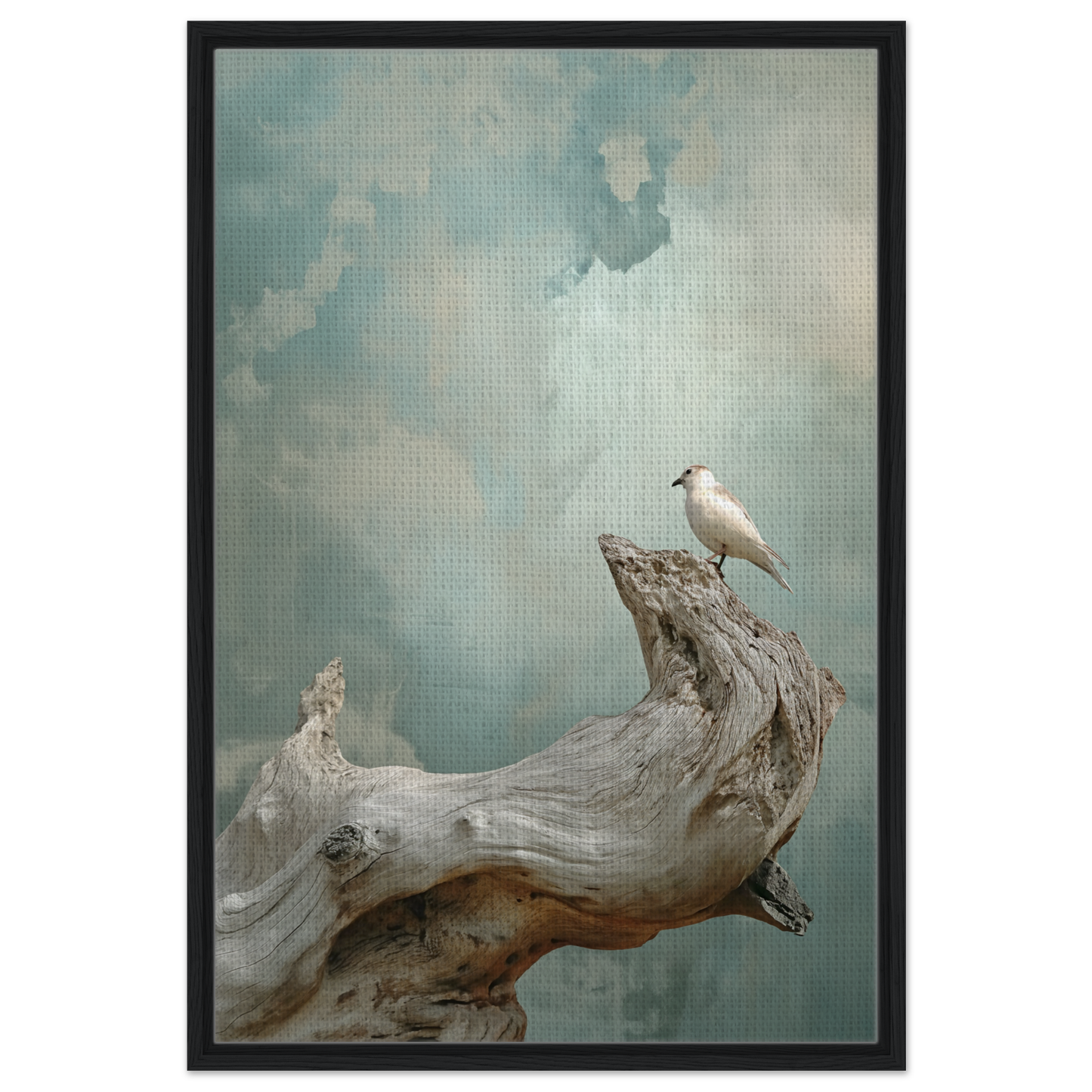 White bird perched on driftwood, ideal for Celestial Driftbird Devotion room decor