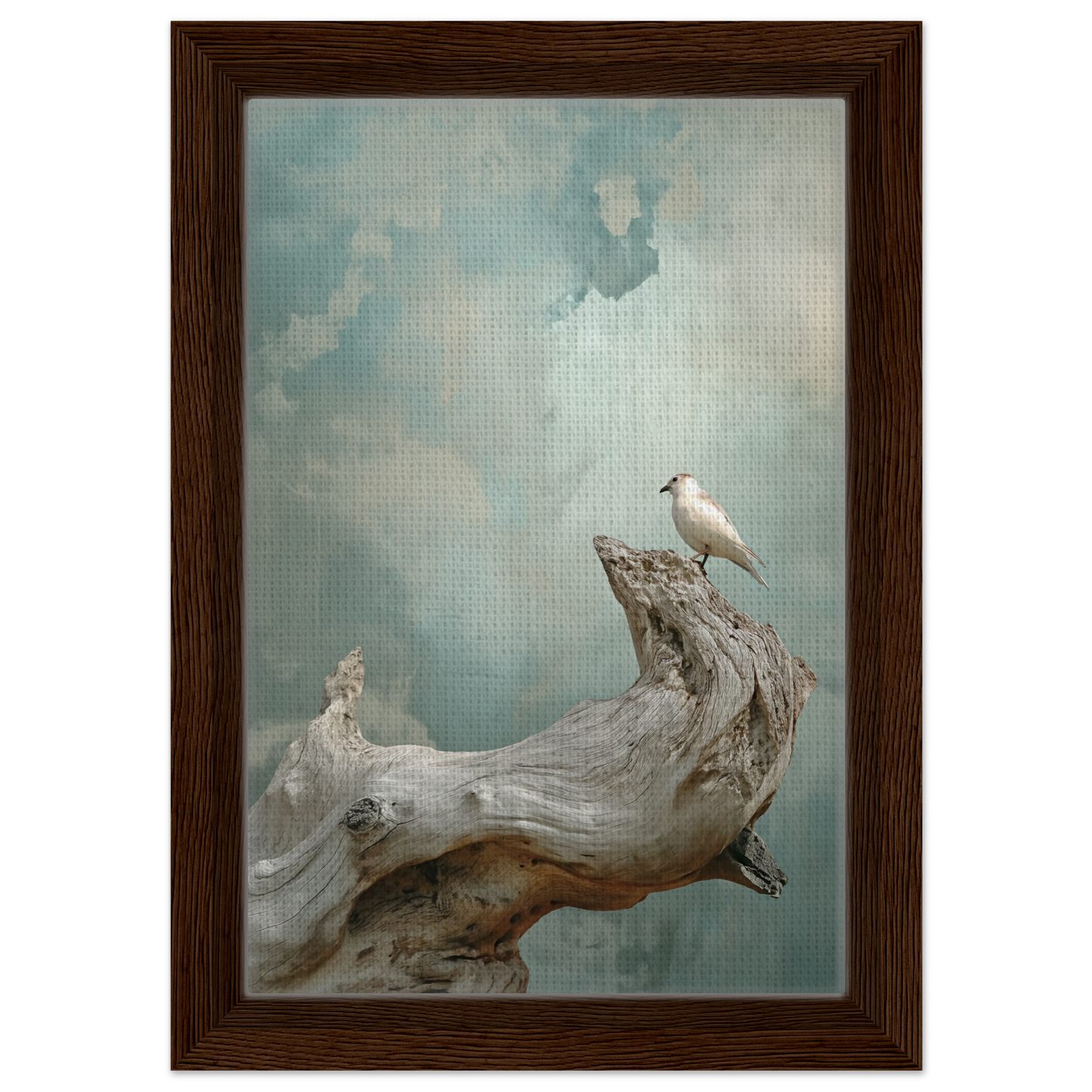 White bird on driftwood in Celestial Driftbird Devotion framed canvas print