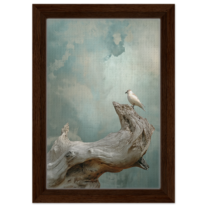 White bird on driftwood in Celestial Driftbird Devotion framed canvas print