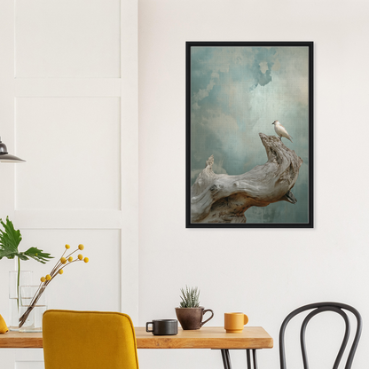 Framed artwork of a celestial driftbird on driftwood perfect for room decor