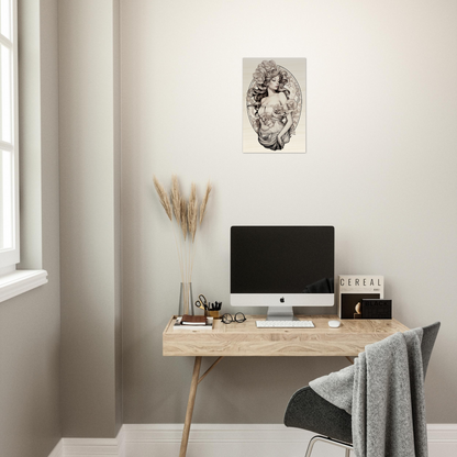 Minimalist wooden desk with a computer monitor and decorative accessories.