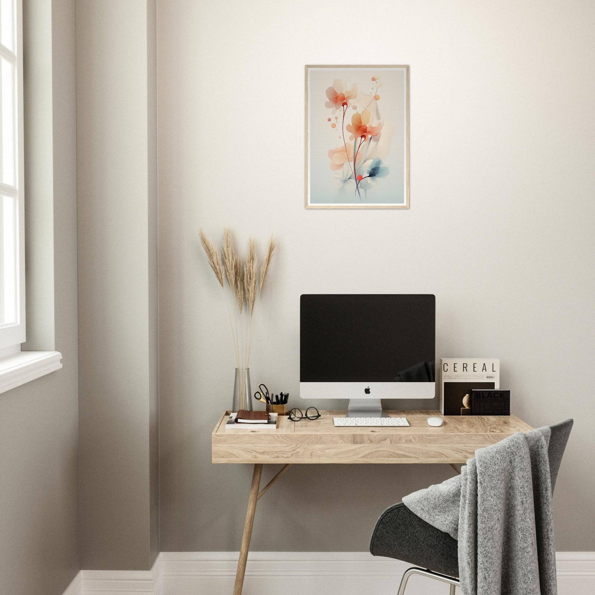 Wooden desk with a computer monitor and office accessories.