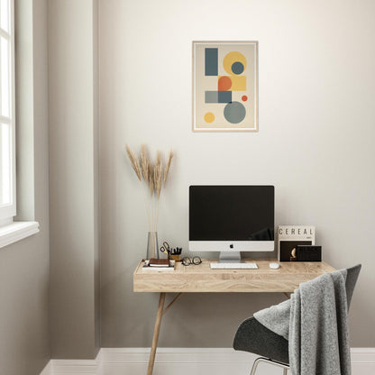 Minimalist wooden desk with a computer monitor and decorative accessories.