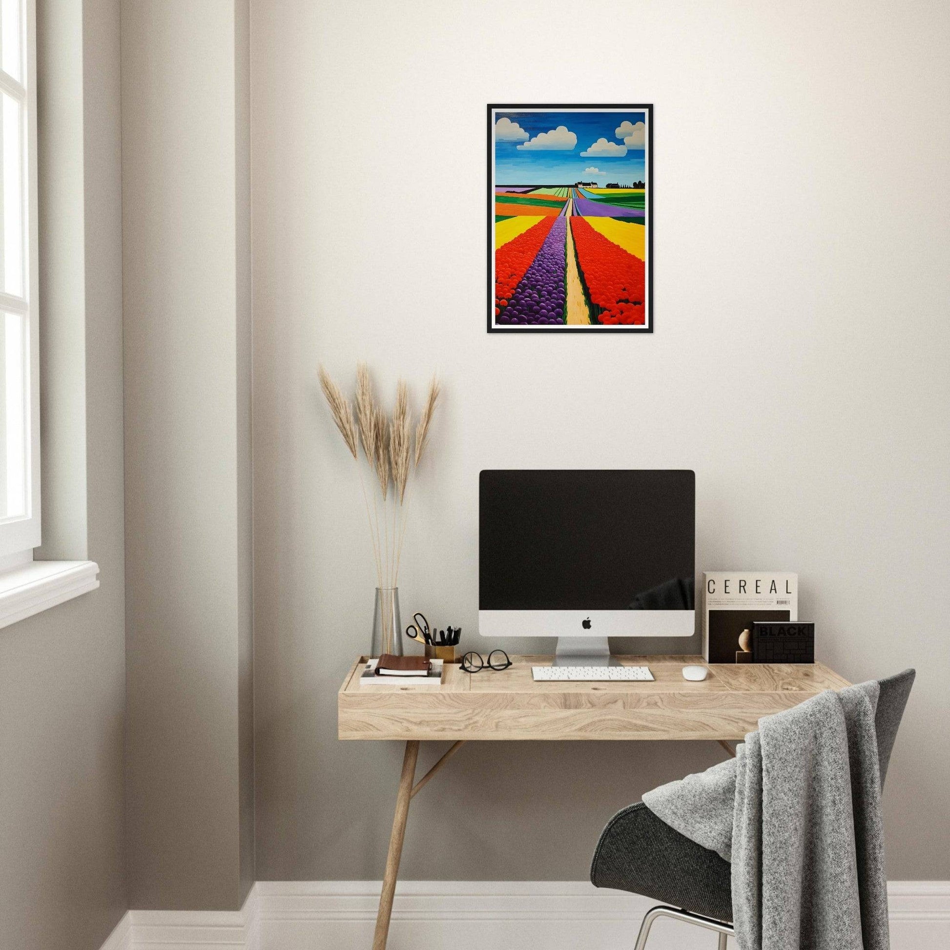 Colorful painting of vibrant flower fields with a road leading to the horizon.