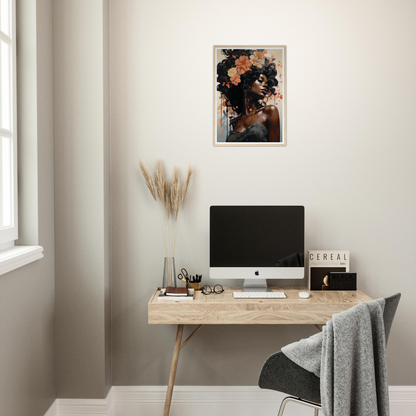 Minimalist wooden desk with a computer monitor and decorative artwork above.