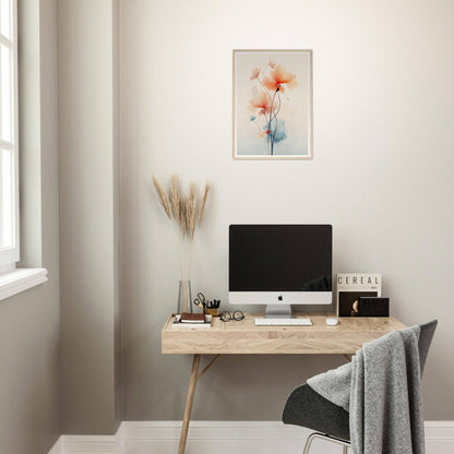 Minimalist wooden desk with a computer monitor and decorative accessories.