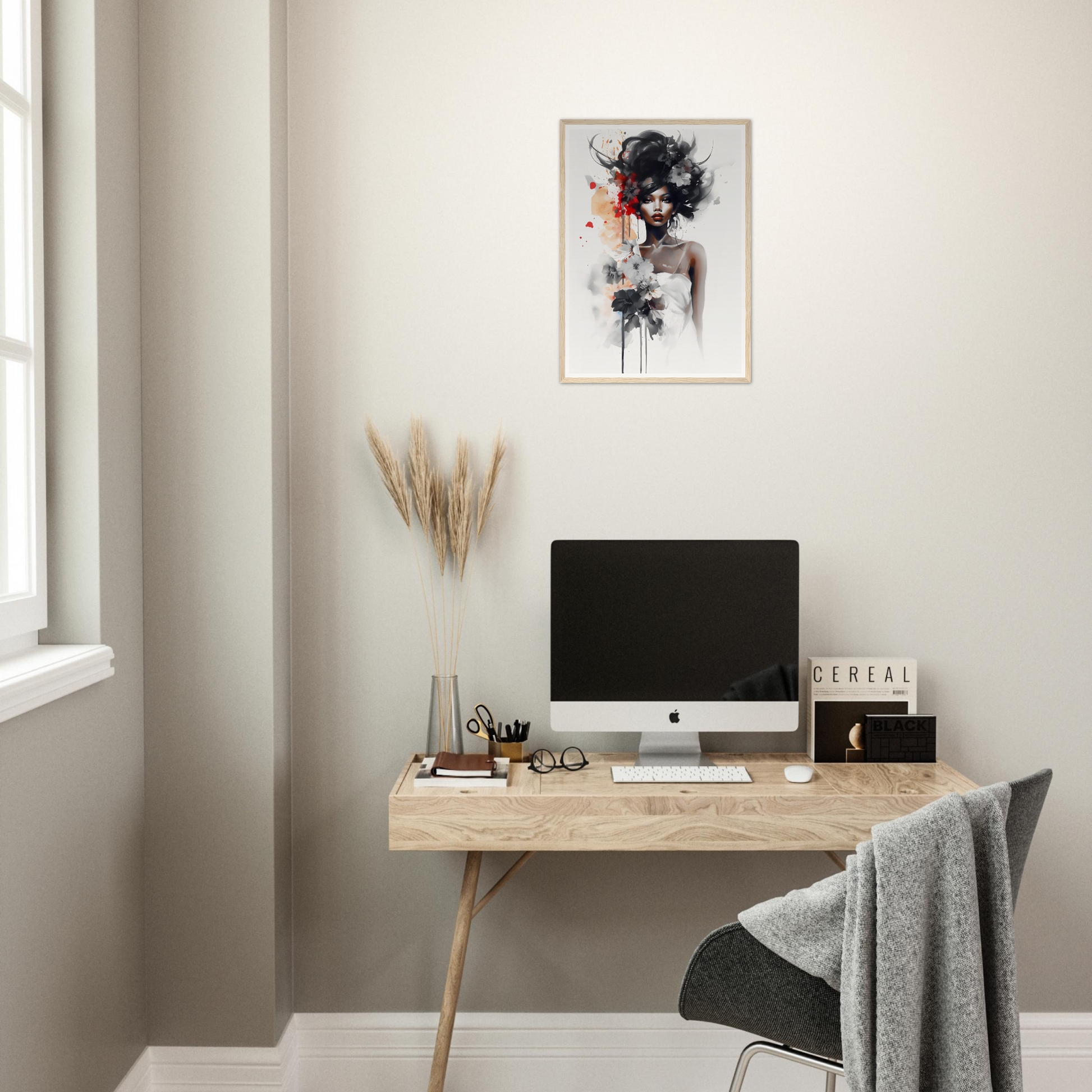 Minimalist wooden desk with a computer monitor and decorative artwork above.