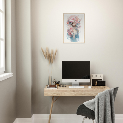 Wooden desk with a computer monitor and office accessories.