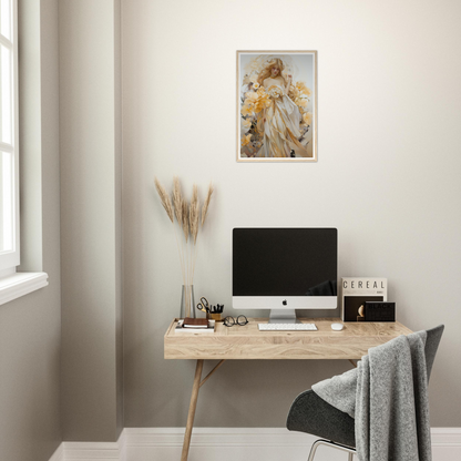 Minimalist wooden desk with a computer monitor and office accessories.