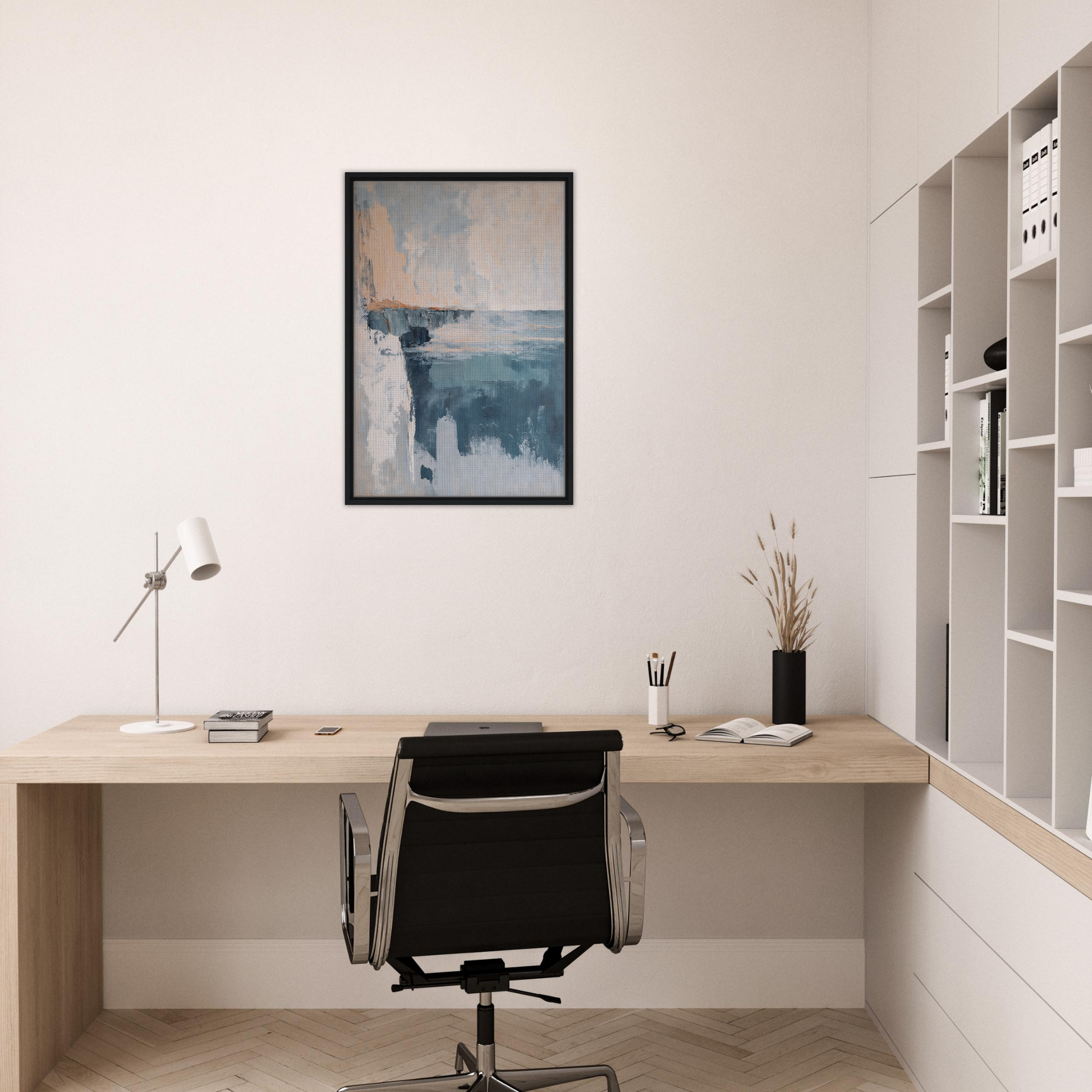 Minimalist home office with wooden desk, chair, and Cerulean Cliff Unbound wall art