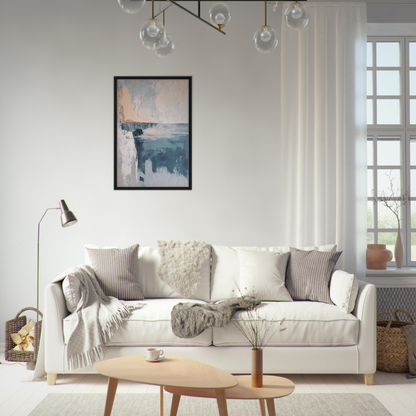 White sofa with throw pillows and blankets for stylish room decor in Cerulean Cliff Unbound