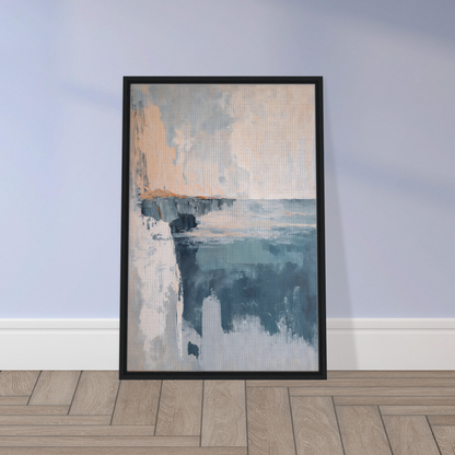 Abstract painting in muted blue, white, and peach tones for Cerulean Cliff Unbound