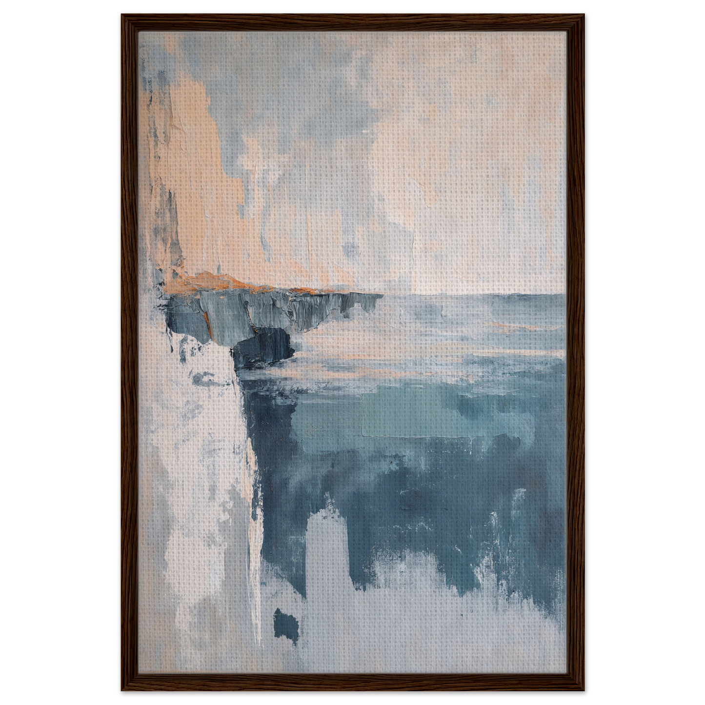 Abstract painting in muted blue, white, and peach tones for Cerulean Cliff Unbound room decor