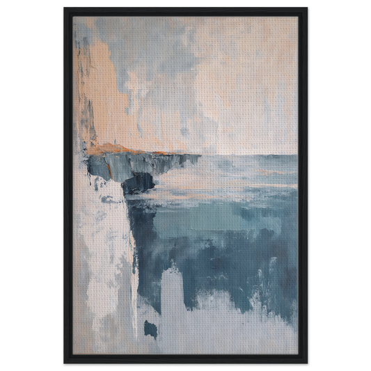 Abstract painting in muted blues and peaches, framed canvas print Cerulean Cliff Unbound