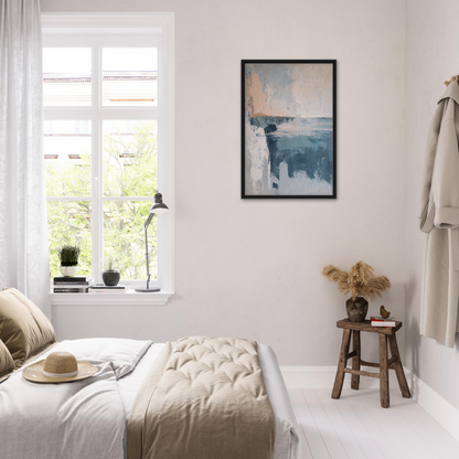 Bright, airy bedroom featuring Cerulean Cliff Unbound framed canvas print with minimalist decor