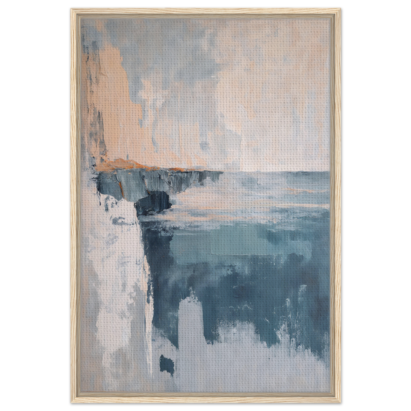 Abstract painting in muted blue, gray, and peach tones for Cerulean Cliff Unbound