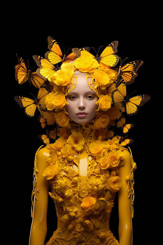 Artistic portrait featuring a person adorned with vibrant yellow butterflies and floral elements against a dark background.