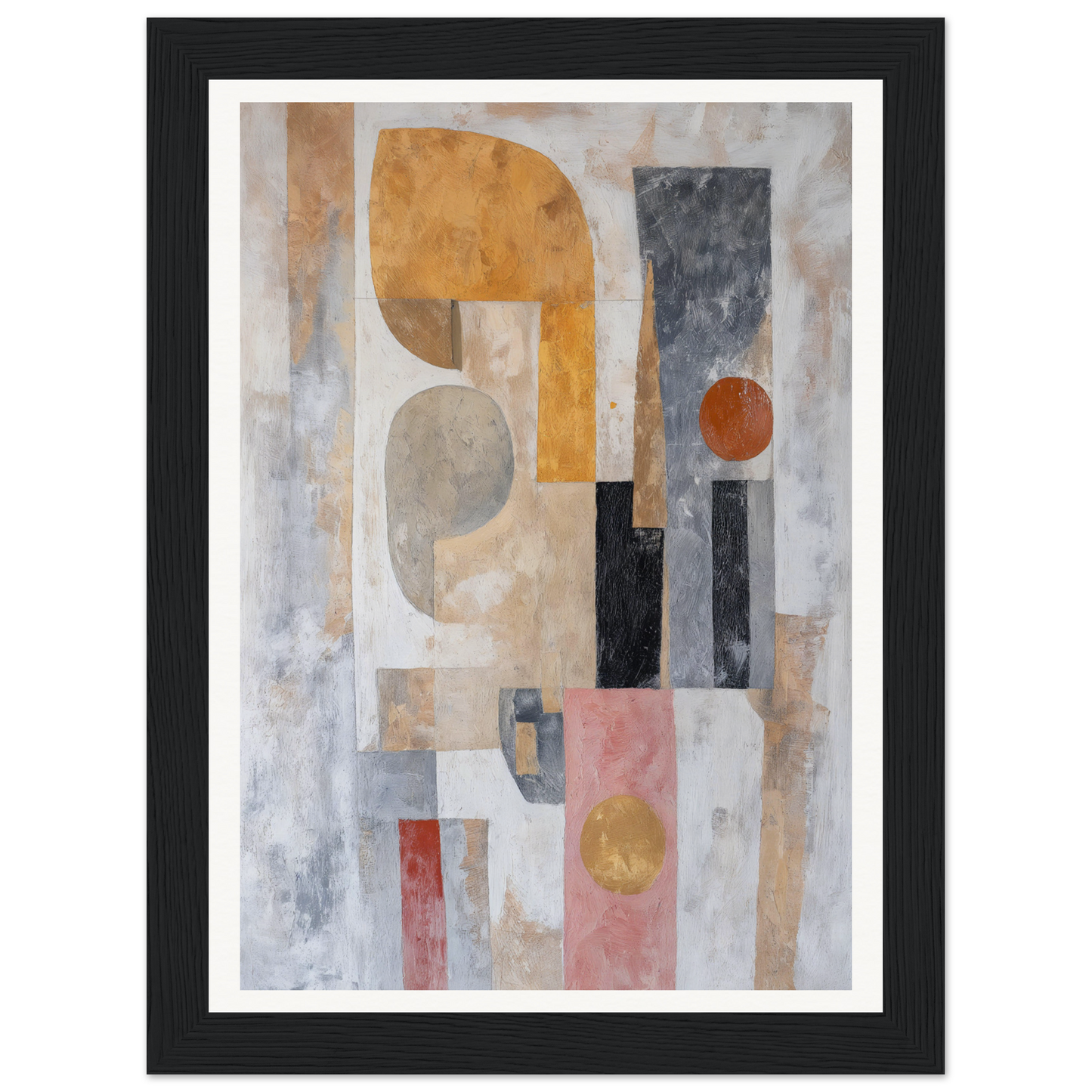 Framed wall art: Abstract geometric painting in muted earth tones in a sleek black frame.