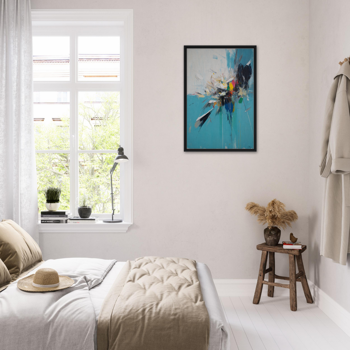 Bright modern bedroom featuring white decor and vibrant abstract expressionism artwork