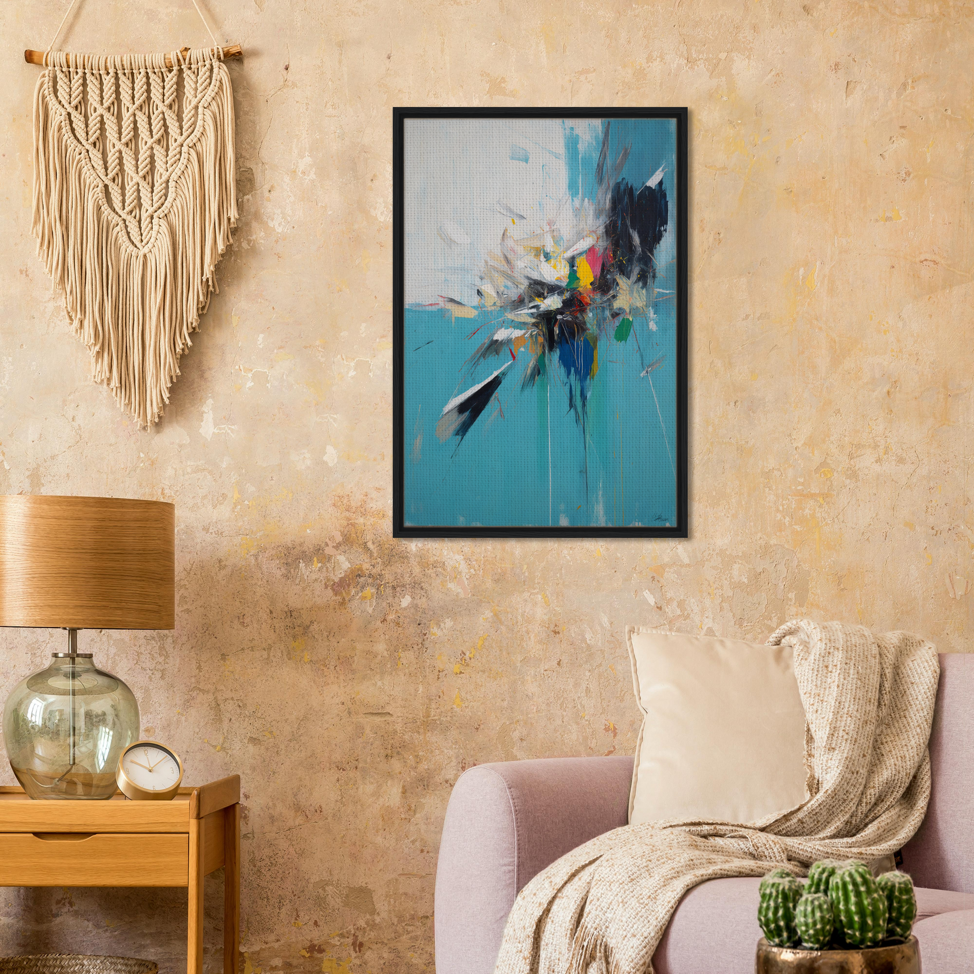 Abstract painting in Chaos Calms Symphony, featuring turquoise and bold color splashes