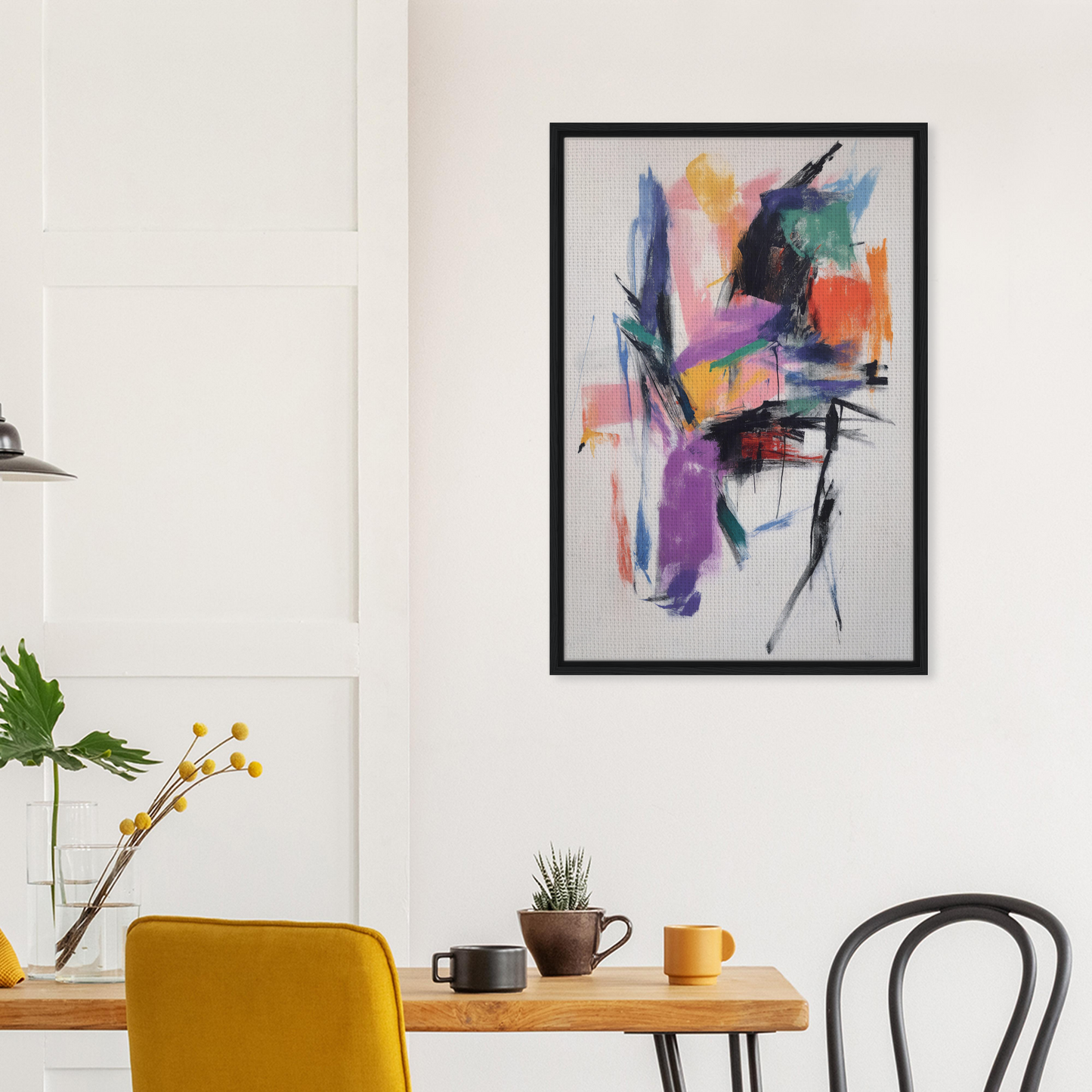 Abstract painting titled Chaos Color Waltz featuring vibrant brushstrokes in a black frame